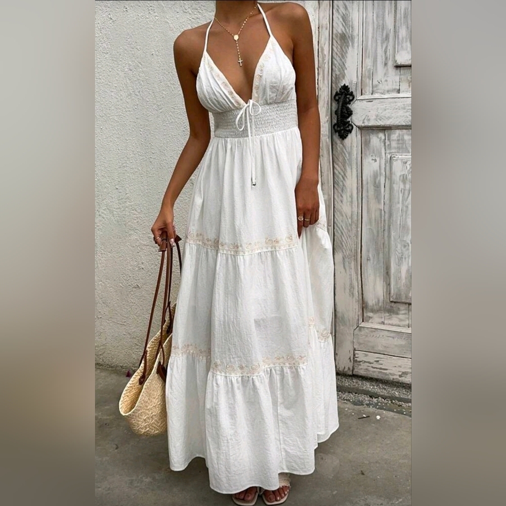 New Boho Embroidered Tie Halter Tiered Maxi Dress White Tan - Picture 9 of 11